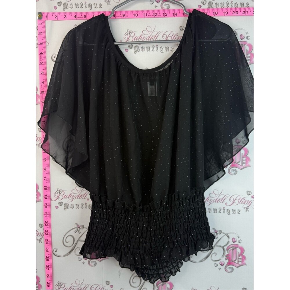 Candy couture T-shirt, Black Sparkle Flutter Sleeve Blouse with Shirred Waist